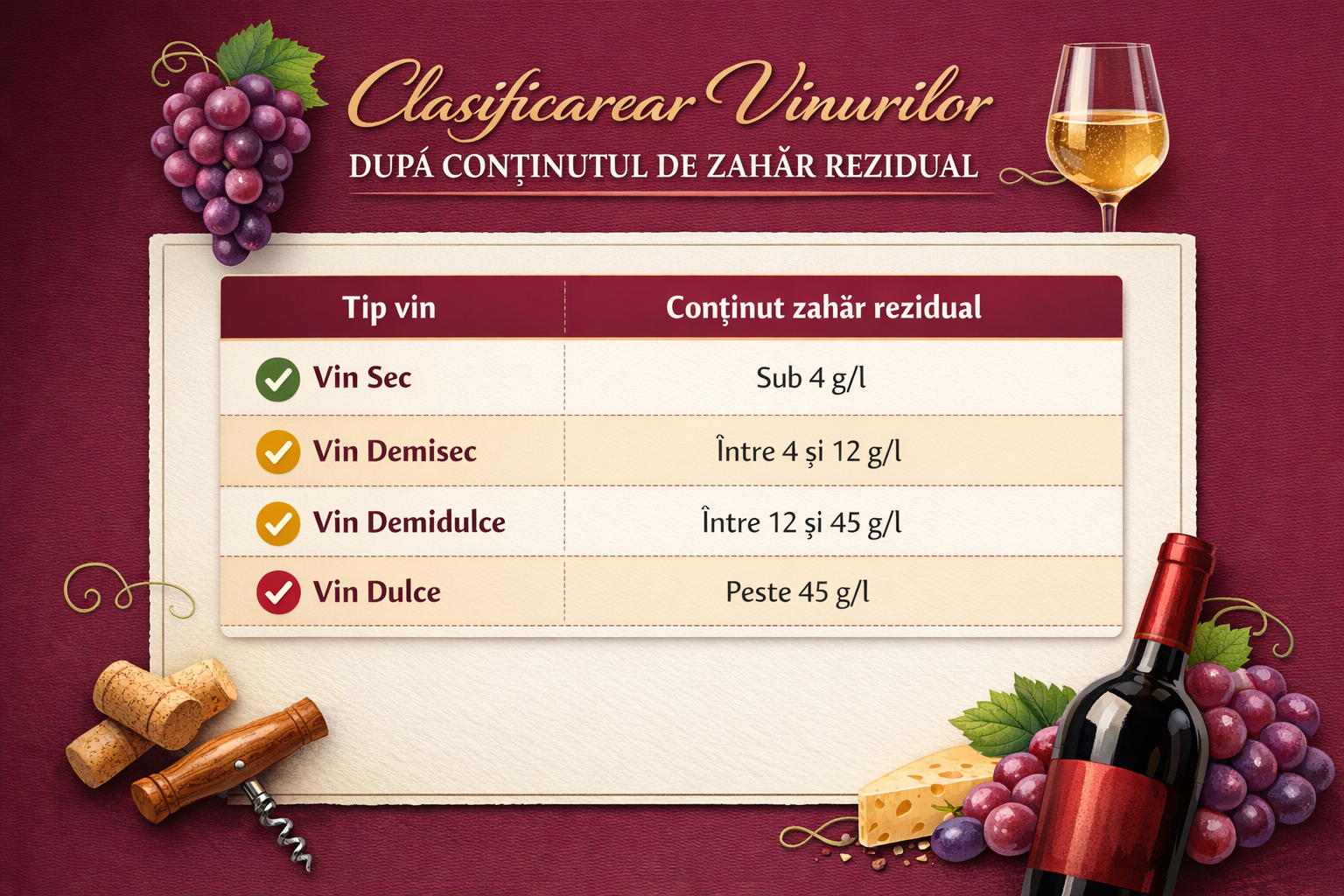 Tipuri de vin: sec, demisec, demidulce și dulce. Ce diferență este între ele?
